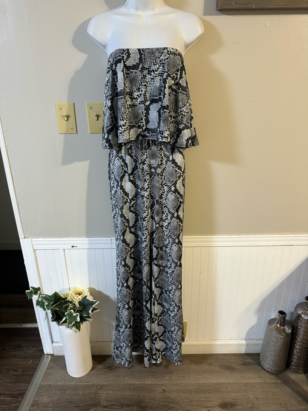 Polly & Esther Strapless Snake-Print Jumpsuit in Black and White